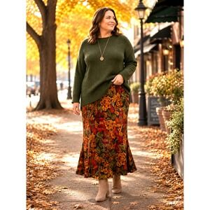100% Silk Chiffon A-Line Fall Florals Midi Skirt Plus Sz 20W Zipper Fully Lined
